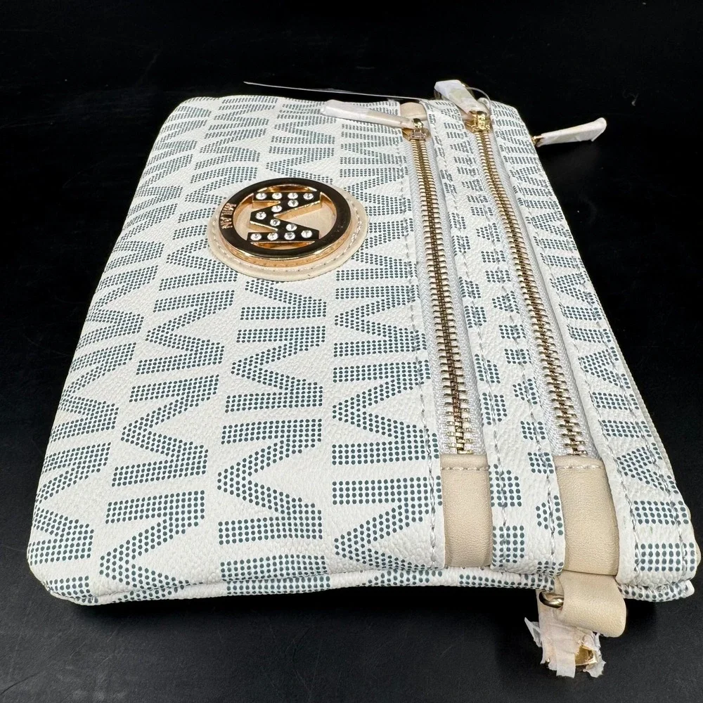 MKF Collection by Mia K Crossbody Purse WOMENS Kissaten Milan White Logo Zip NEW